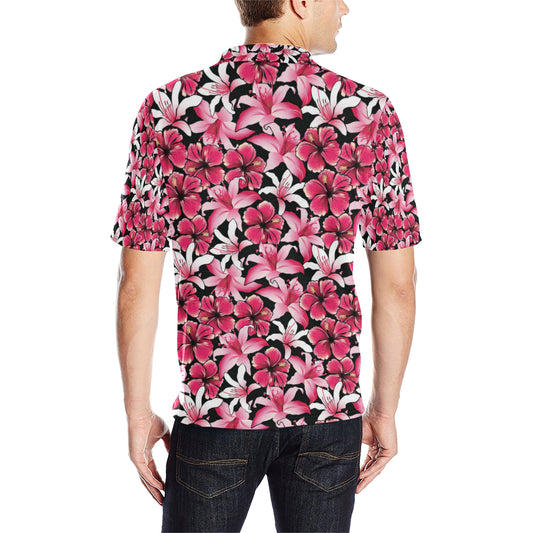 Flower Hawaiian Pink Red  Hibiscus Print Men Polo Shirt