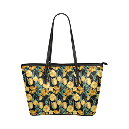 Elegant Yellow Tulip Print Leather Tote Bag