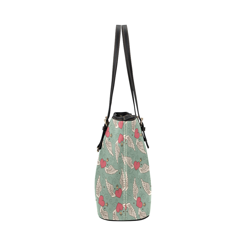 Angel Wings Heart Design Themed Print Leather Tote Bag