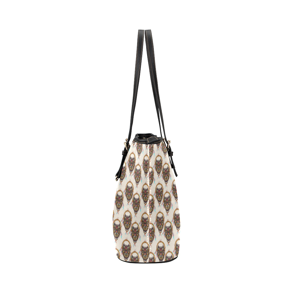 Wolf Tribal Dream Catcher Design Print Leather Tote Bag