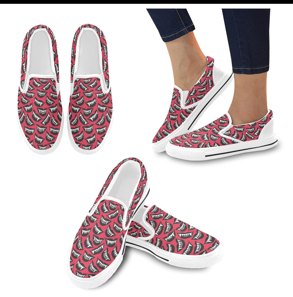 Vampire Lips Print Design LKS305 White Slip Ons Canvas Women's Shoes