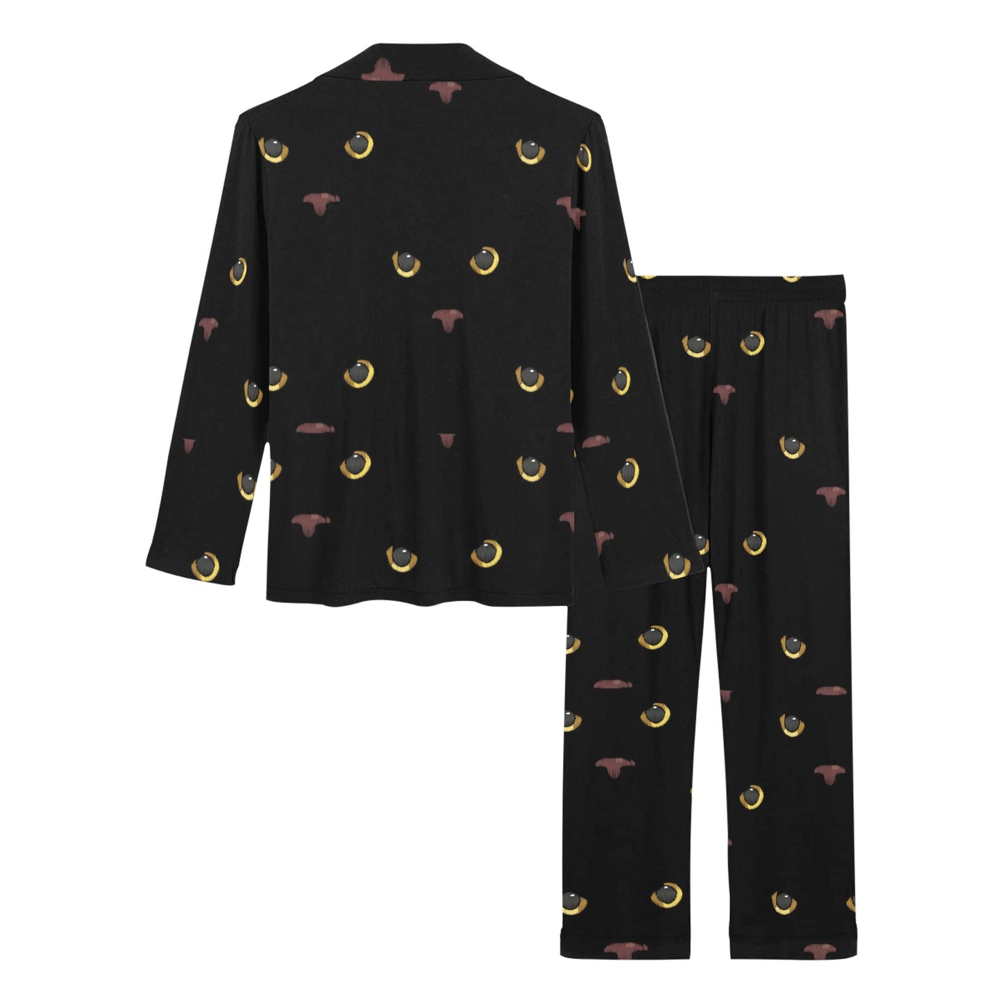 Black Cat Face Print Pattern Women's Long Pajama Set