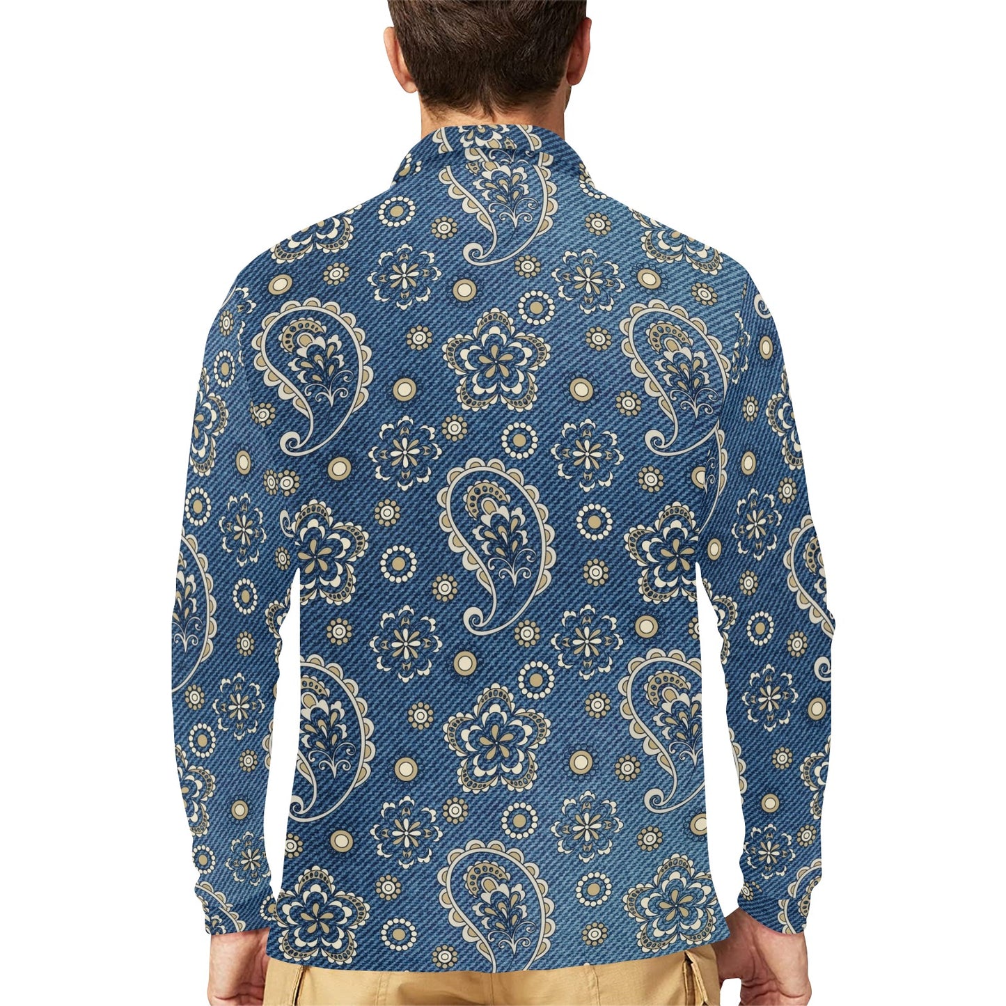Jean Paisley Pattern Print Design 01 Long Sleeve Polo Shirt For Men's