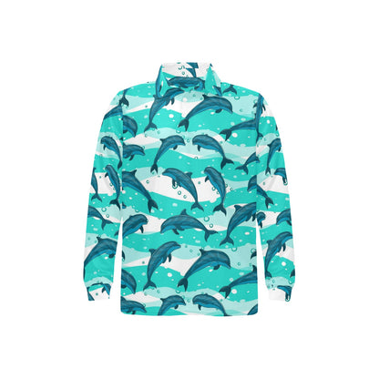 Dolphin Design Print Pattern Long Sleeve Polo Shirt For Men's