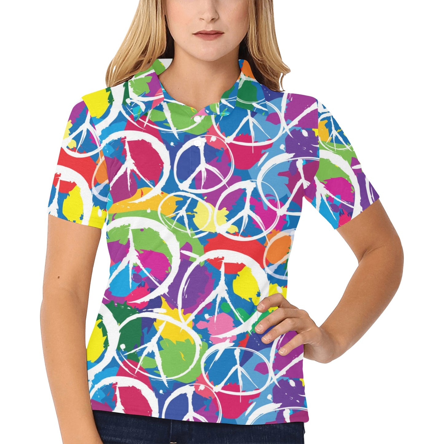 Peace Sign Colorful Pattern Print Design A02 Women's Polo Shirt