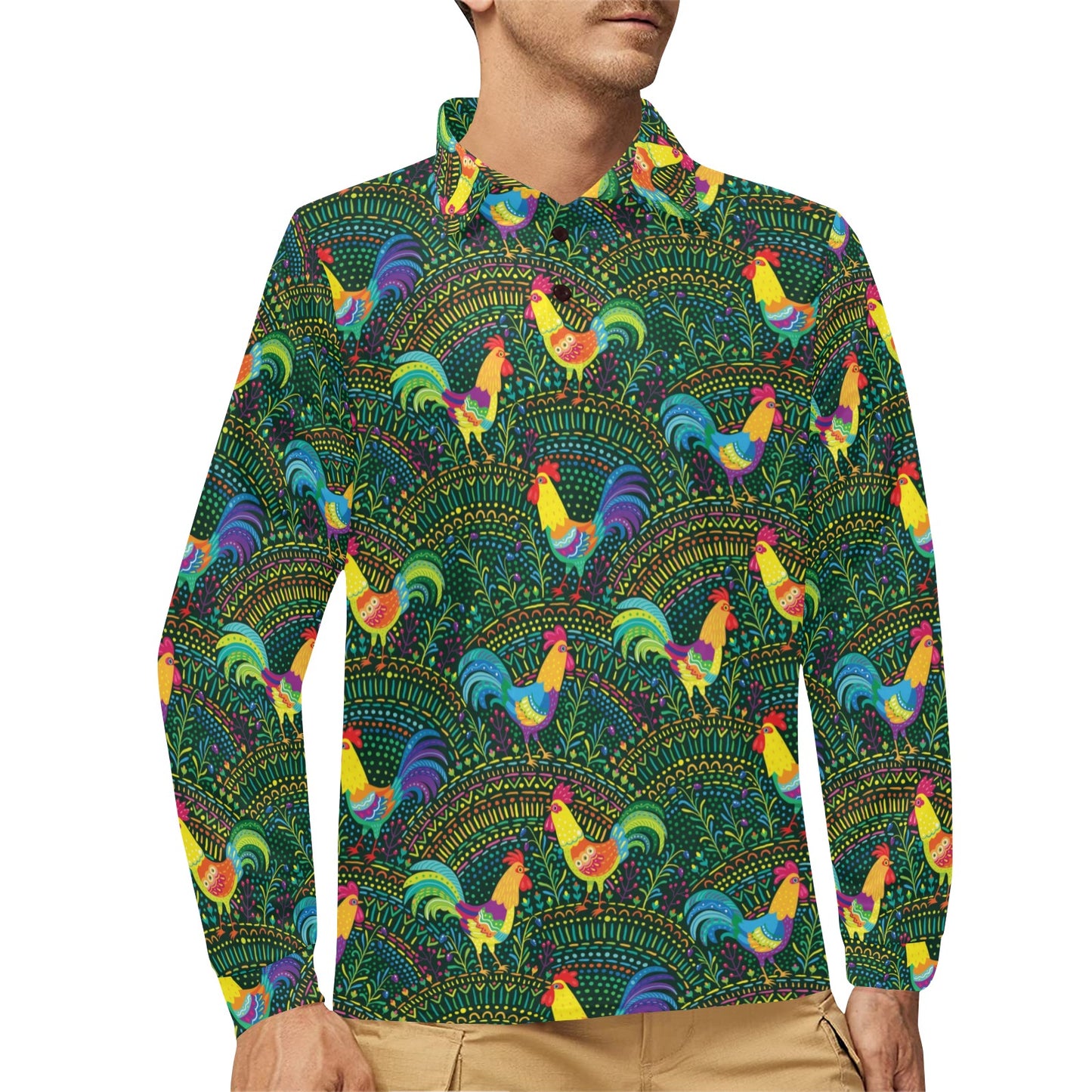 Rooster Pattern Print Design A01 Long Sleeve Polo Shirt For Men's