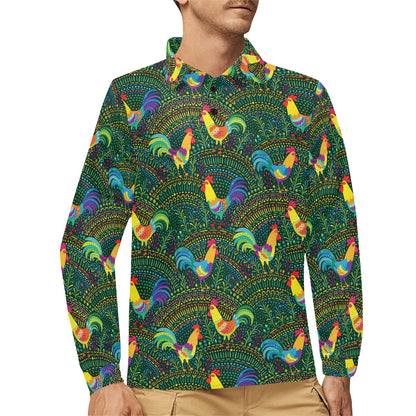 Rooster Pattern Print Design A01 Long Sleeve Polo Shirt For Men's