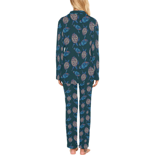 Sea Turtle Hand Drawn Blue Print Women's Long Pajama Set