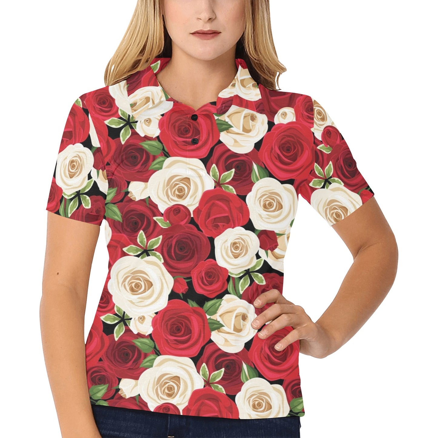 Rose Pattern Print Design RO06 Women's Polo Shirt