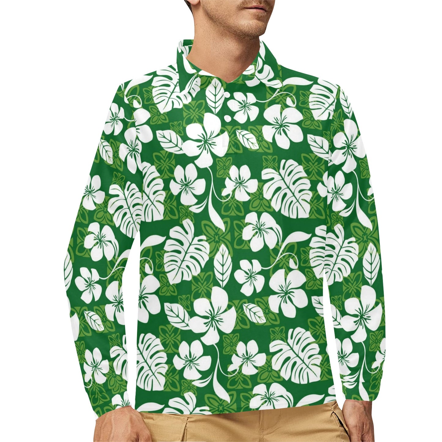 Hawaiian Themed Pattern Print Design H016 Long Sleeve Polo Shirt For Men's