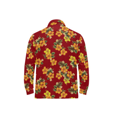 Orange Hibiscus Pattern Print Design HB026 Long Sleeve Polo Shirt For Men's
