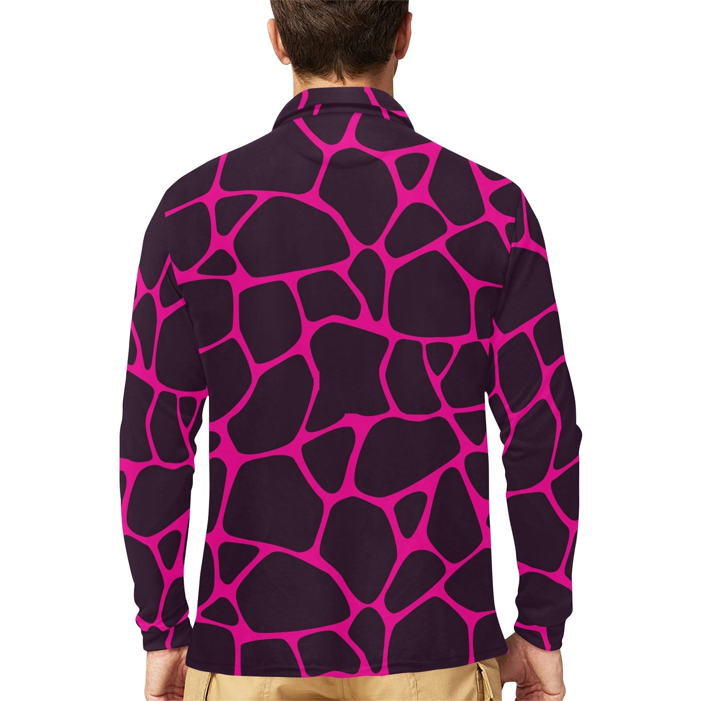 Giraffe Pink Background Texture Print Long Sleeve Polo Shirt For Men's
