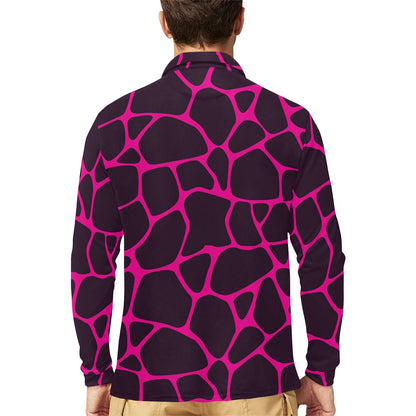 Giraffe Pink Background Texture Print Long Sleeve Polo Shirt For Men's