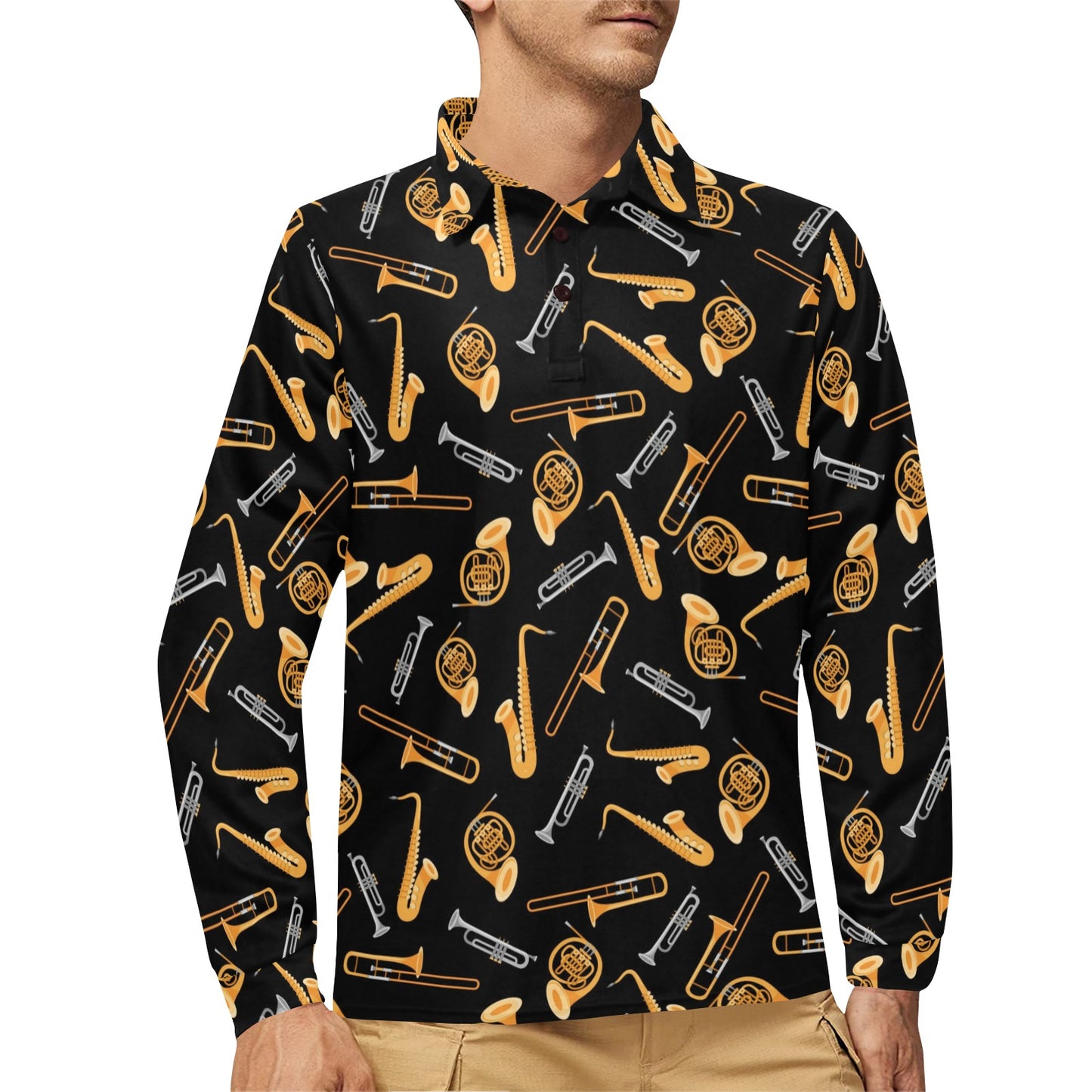Saxophone Print Design LKS403 Long Sleeve Polo Shirt For Men's