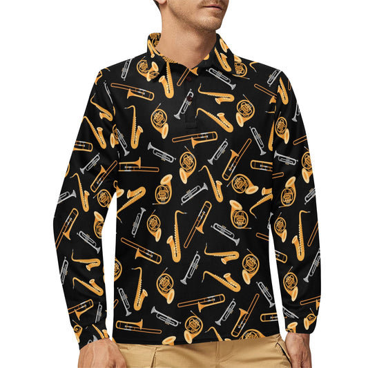 Saxophone Print Design LKS403 Long Sleeve Polo Shirt For Men's