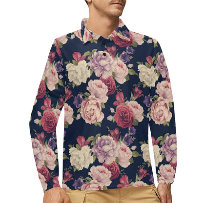 Peony Pattern Print Design PE03 Long Sleeve Polo Shirt For Men's