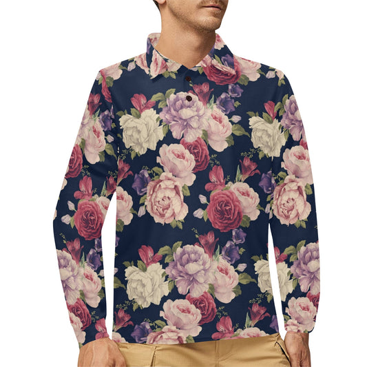 Peony Pattern Print Design PE03 Long Sleeve Polo Shirt For Men's