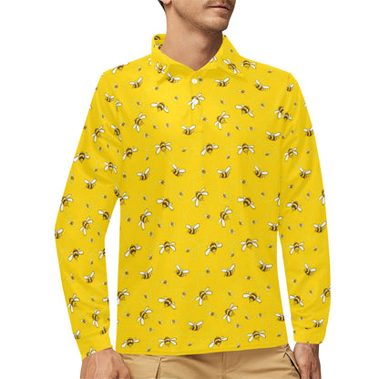 Bee Pattern Print Design 05 Long Sleeve Polo Shirt For Men's
