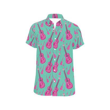 Acoustic Guitar Print Design LKS405 Men Short Sleeve Button Up Shirt