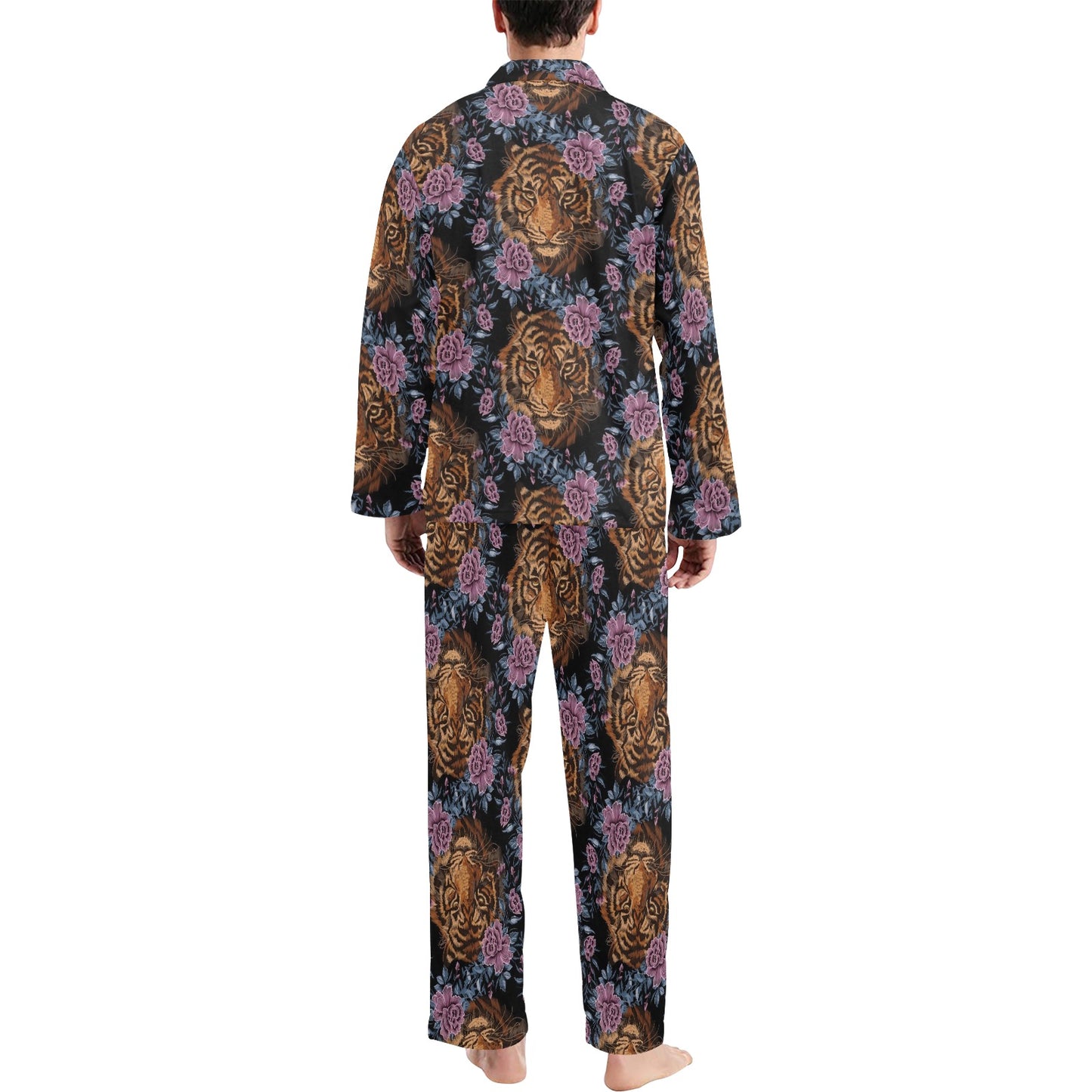 Tiger Head Floral Men's Long Pajama Set