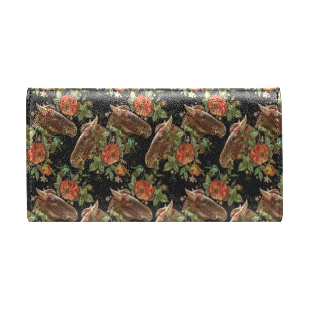Horse Embroidery with Flower Design Women's Trifold Wallet