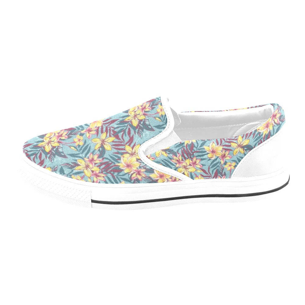 Summer Floral Print Design LKS304 White Slip Ons Canvas Women's Shoes