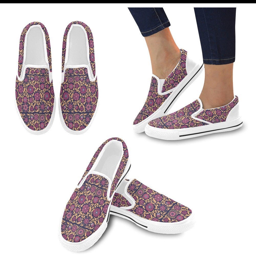 Suzani Print Design LKS303 White Slip Ons Canvas Women's Shoes