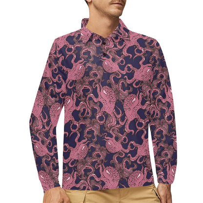 Octopus Pattern Print Design A03 Long Sleeve Polo Shirt For Men's
