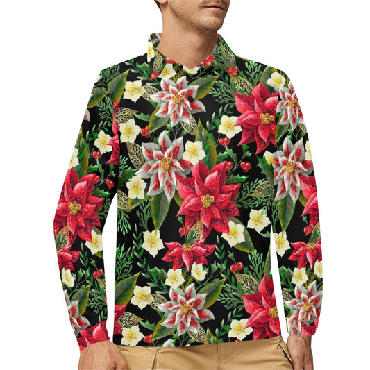 Poinsettia Pattern Print Design POT05 Long Sleeve Polo Shirt For Men's