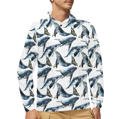 Blue Whale Pattern Print Design 03 Long Sleeve Polo Shirt For Men's