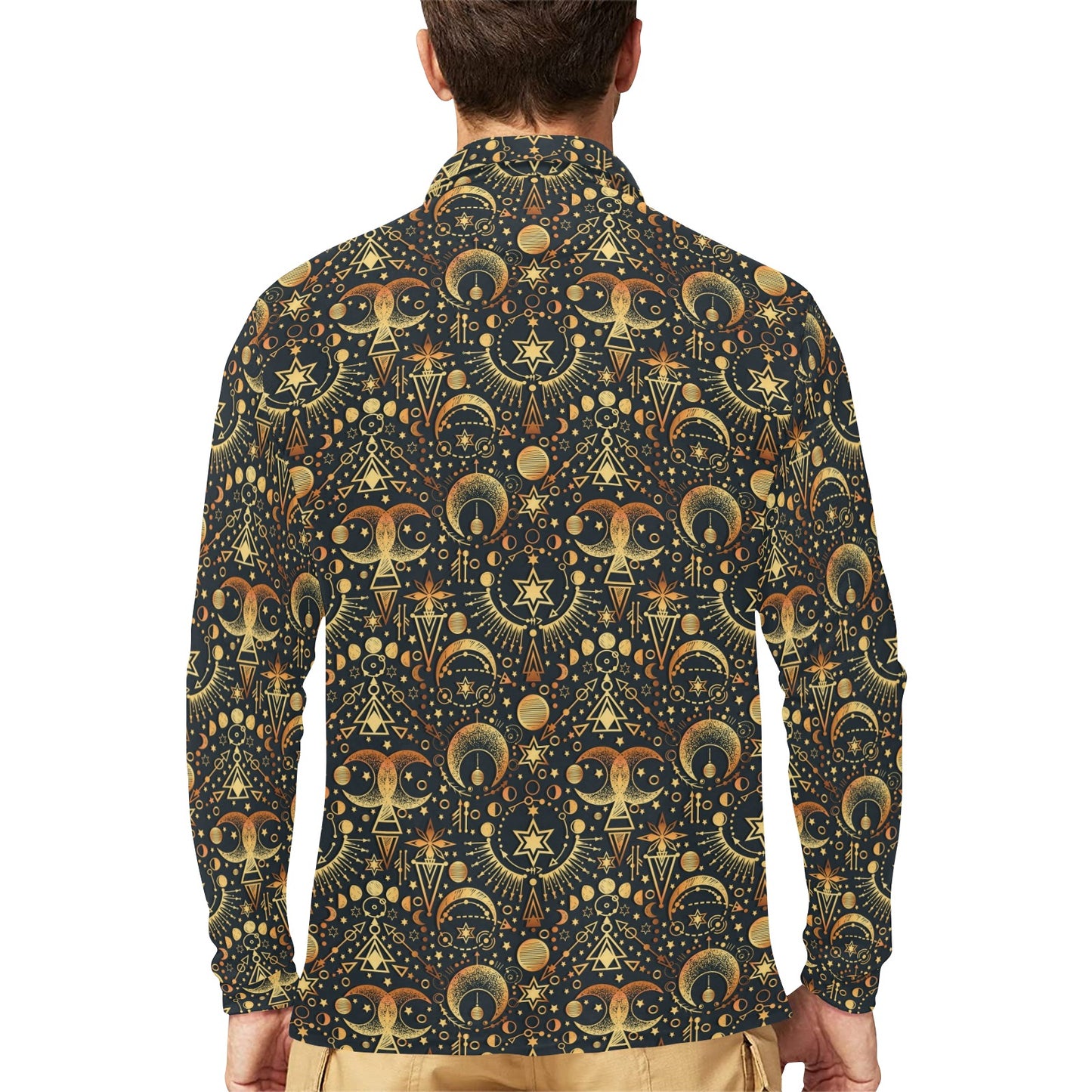 Sun Moon Print Design LKS308 Long Sleeve Polo Shirt For Men's