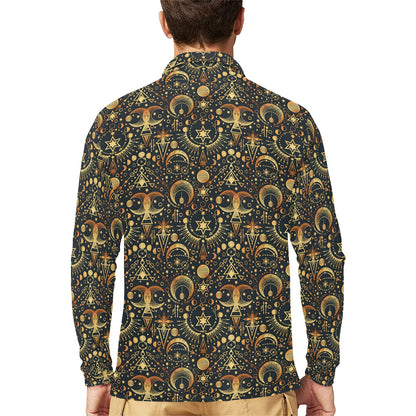 Sun Moon Print Design LKS308 Long Sleeve Polo Shirt For Men's