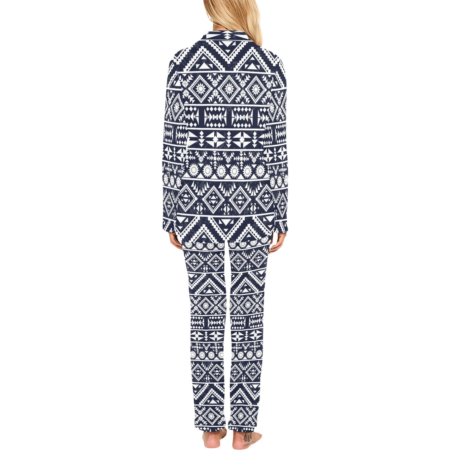 Blue White Tribal Aztec Women's Long Pajama Set