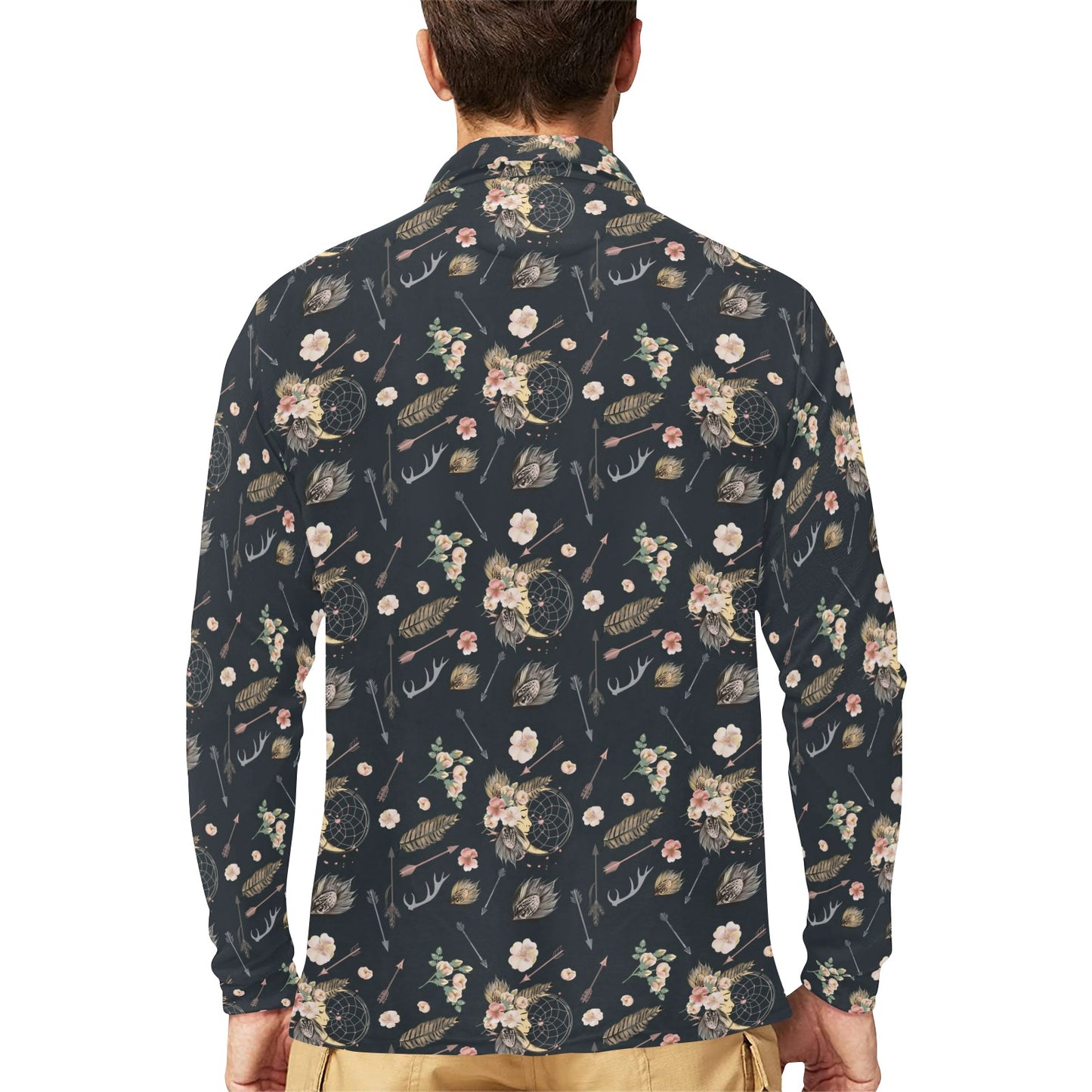Bohemian Pattern Print Design 09 Long Sleeve Polo Shirt For Men's