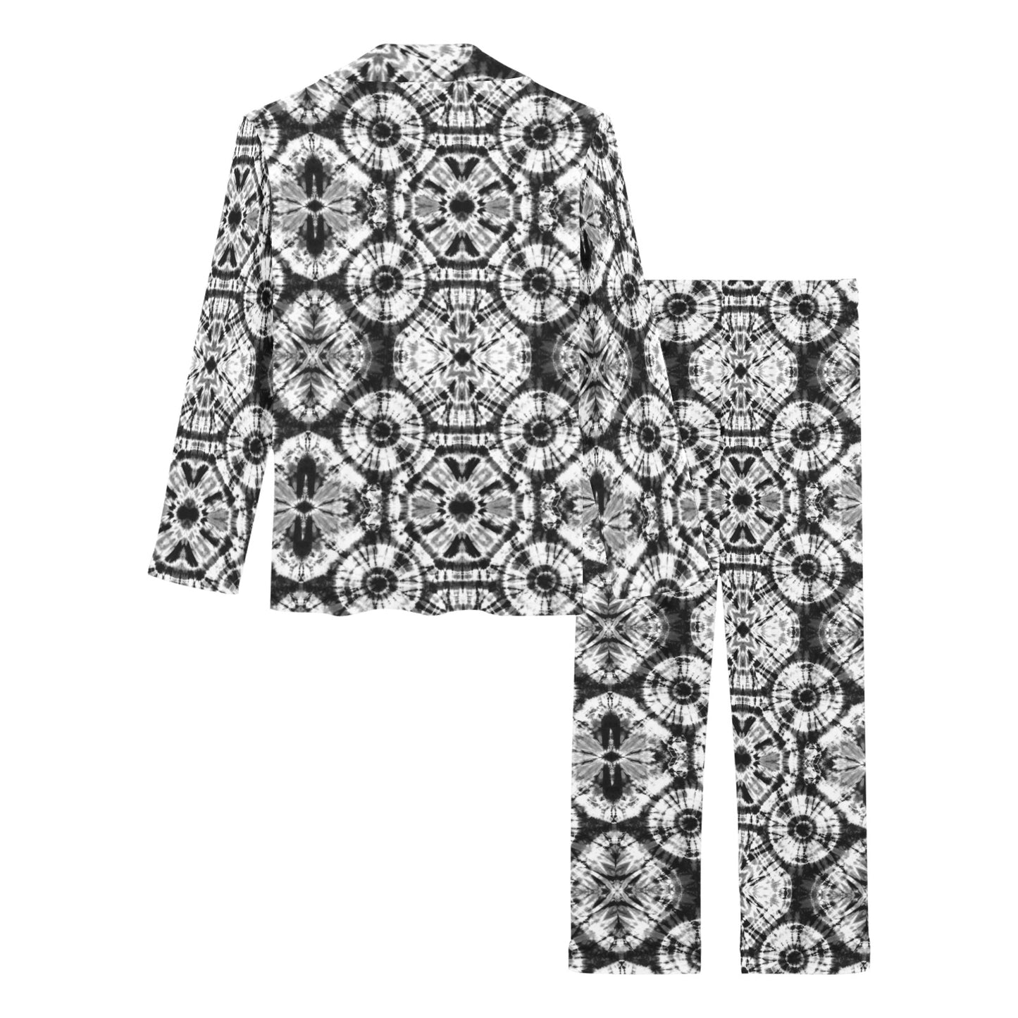 Tie Dye Black White Design Print Women's Long Pajama Set