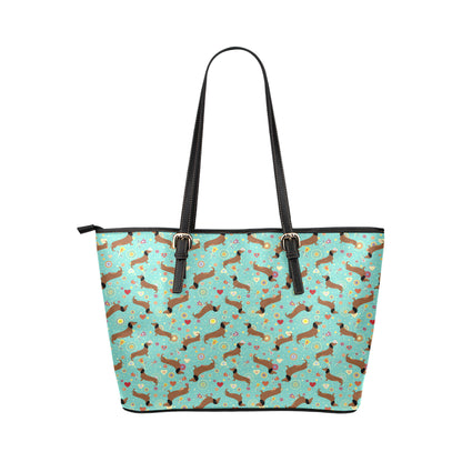 Dachshund with Floral Print Pattern Leather Tote Bag