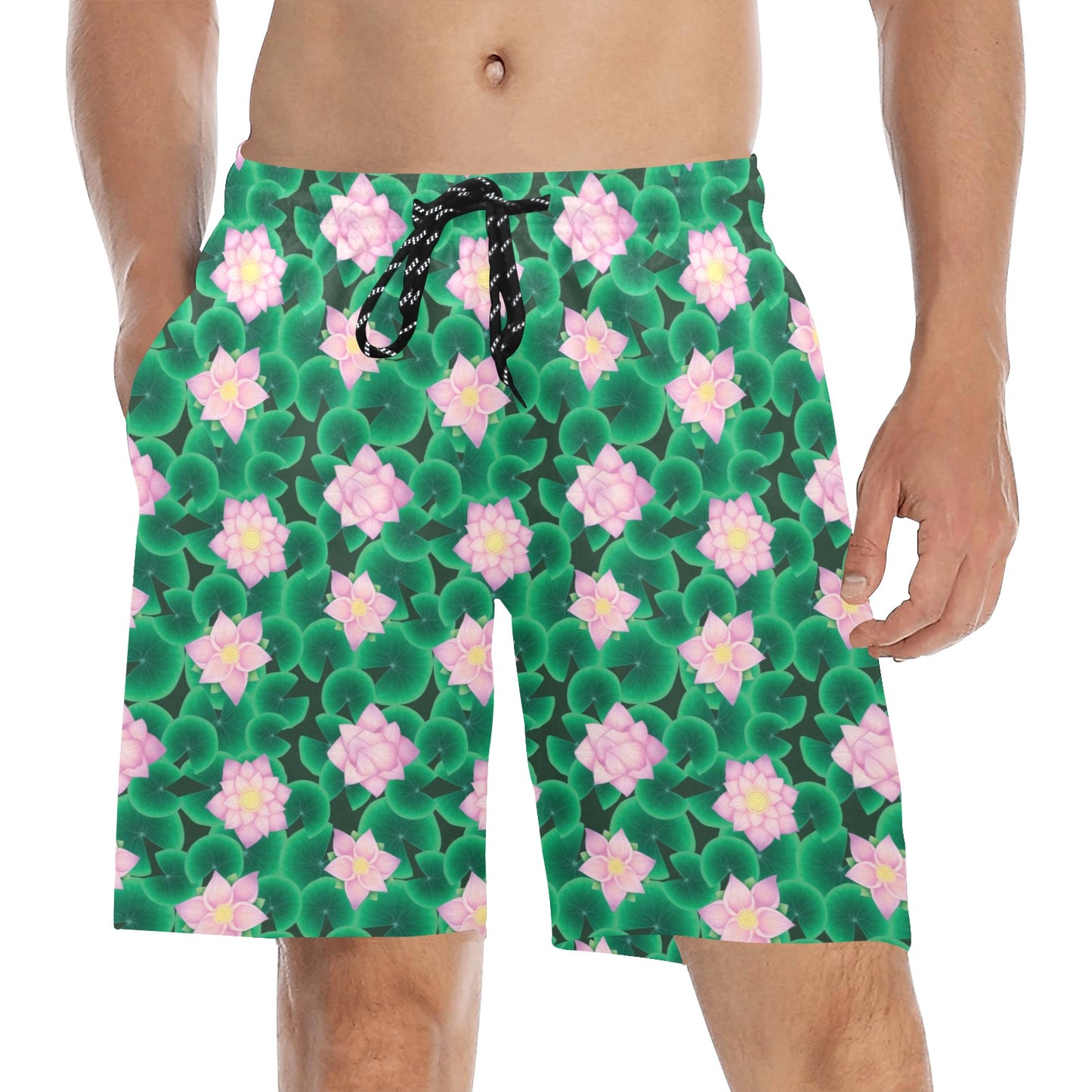 Water Lily Print Design LKS303 Men's Swim Trunks Beach Shorts