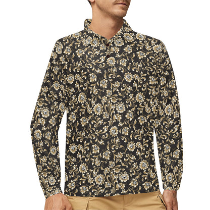 Brocade Pattern Print Design 03 Long Sleeve Polo Shirt For Men's