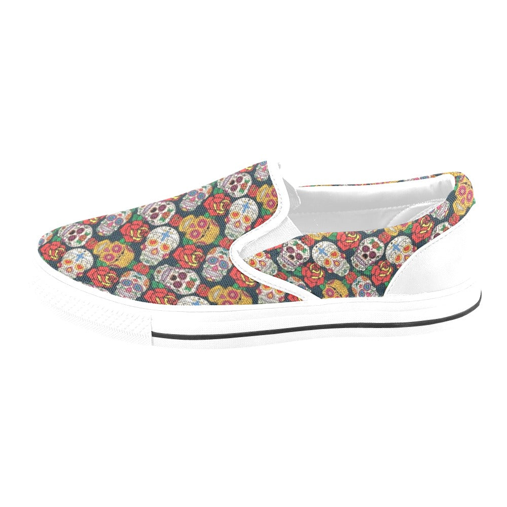 Sugar Skull Print Design LKS306 White Slip Ons Canvas Women's Shoes