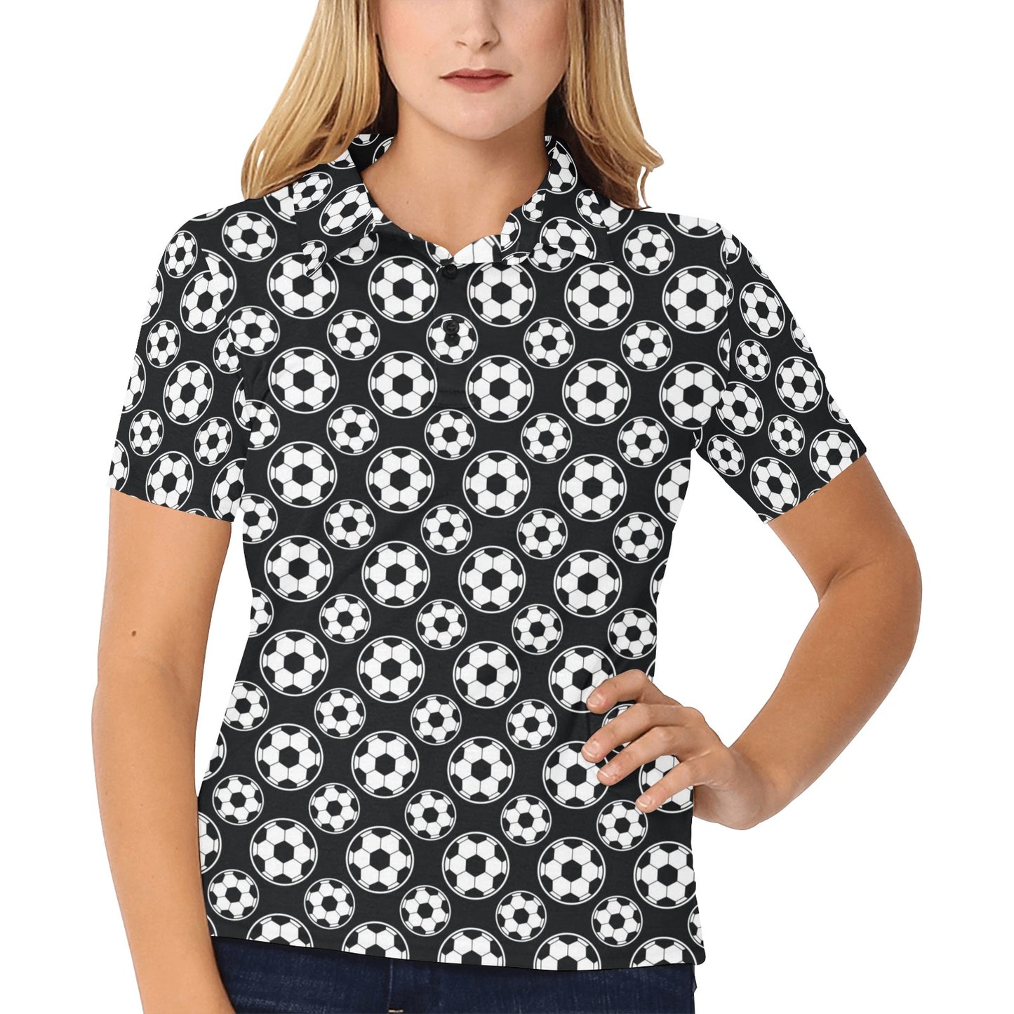 Soccer Ball Black Print Pattern Women's Polo Shirt