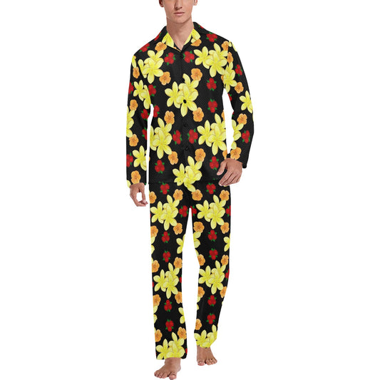 Yellow Plumeria Pattern Print Design PM04 Men's Long Pajama Set