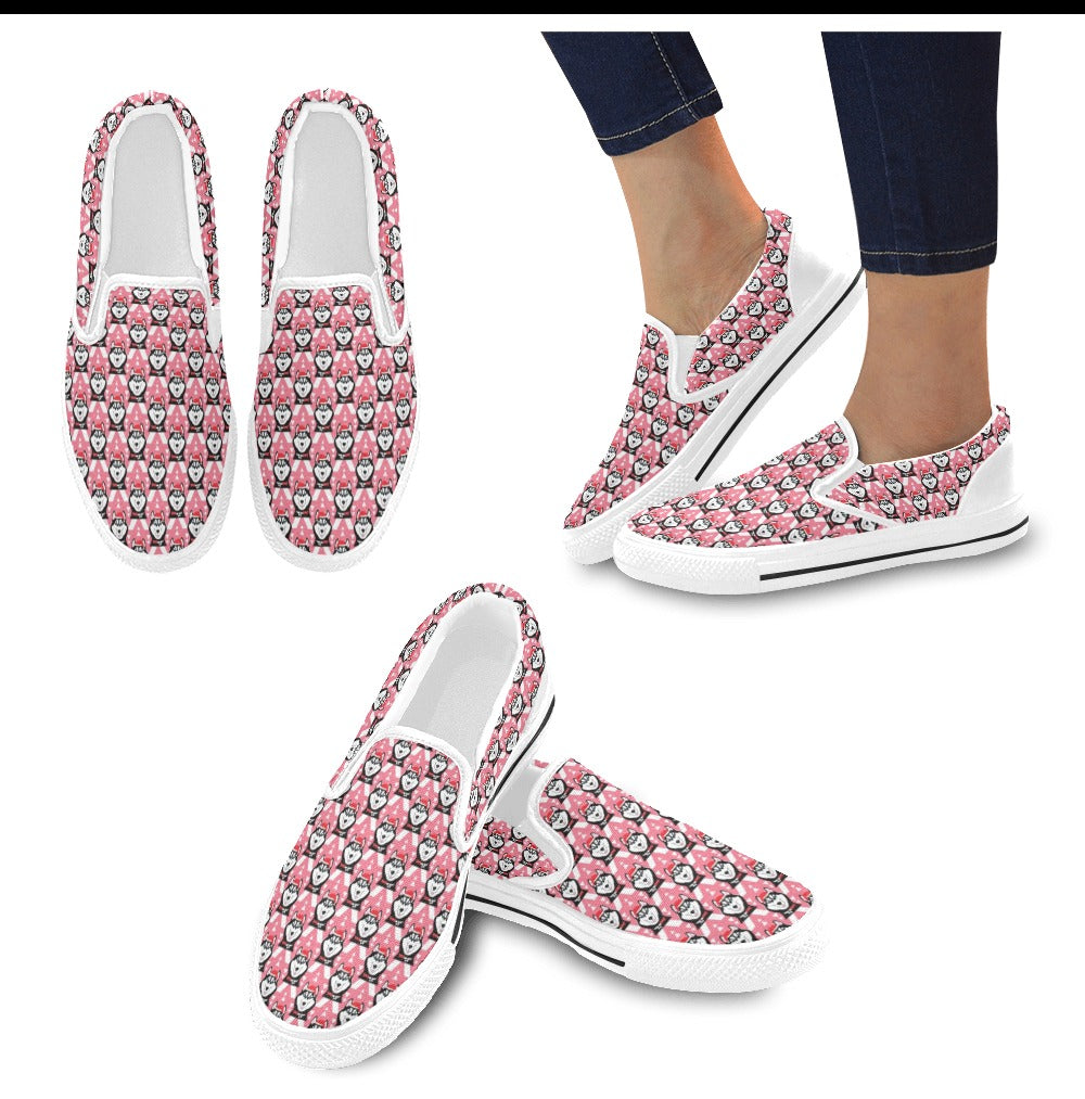 Siberian Huskies Christmas Themed Print Design LKS302 White Slip Ons Canvas Women's Shoes