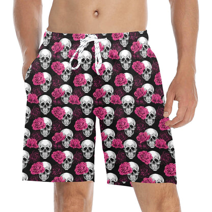 Pink Rose Skull Themed Print Men's Swim Trunks Beach Shorts