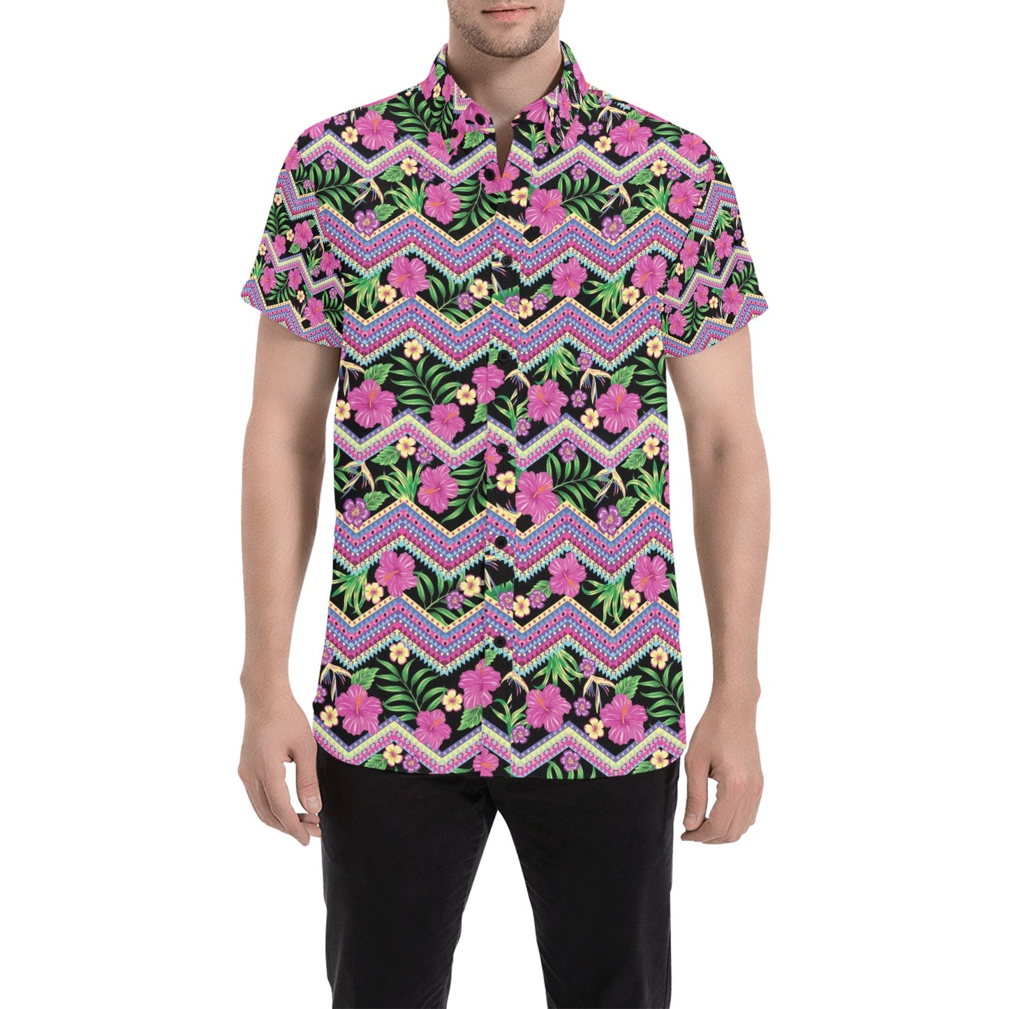 Hibiscus Pink Zigzag Line Pattern Design LKS307 Men Short Sleeve Button Up Shirt