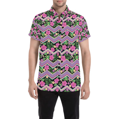 Hibiscus Pink Zigzag Line Pattern Design LKS307 Men Short Sleeve Button Up Shirt