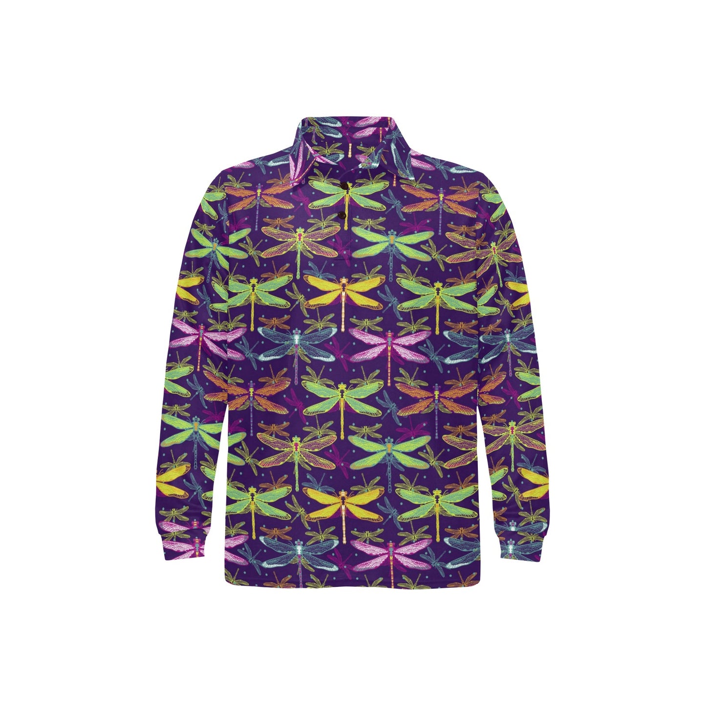 Dragonfly Neon Color Print Pattern Long Sleeve Polo Shirt For Men's