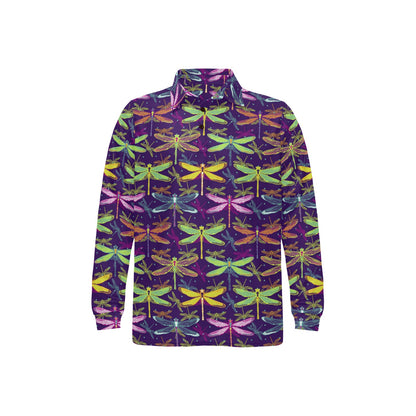 Dragonfly Neon Color Print Pattern Long Sleeve Polo Shirt For Men's