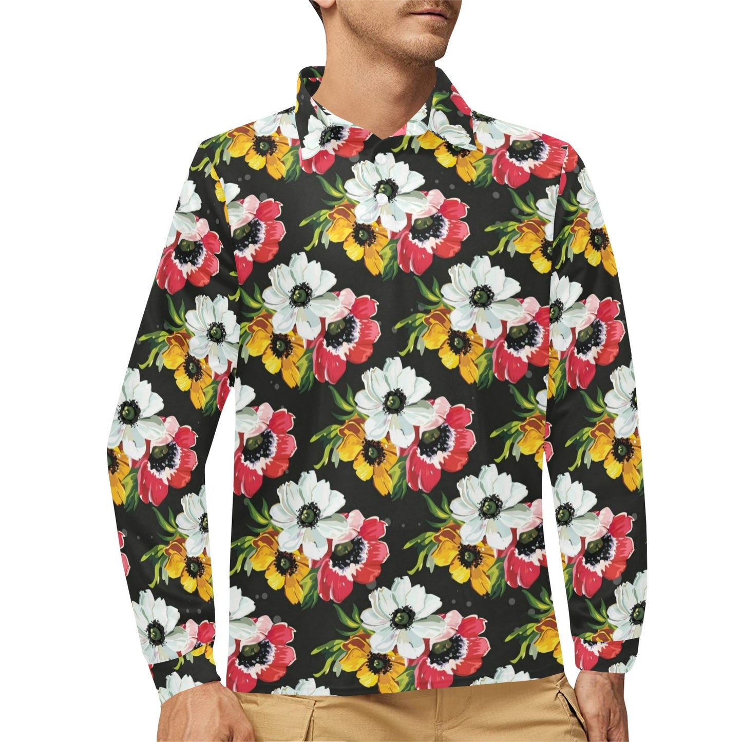 Anemone Pattern Print Design AM07 Long Sleeve Polo Shirt For Men's