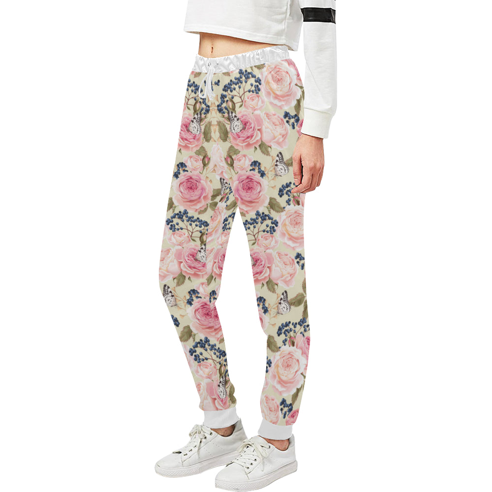 Floral Pink Butterfly Print Unisex Sweatpants