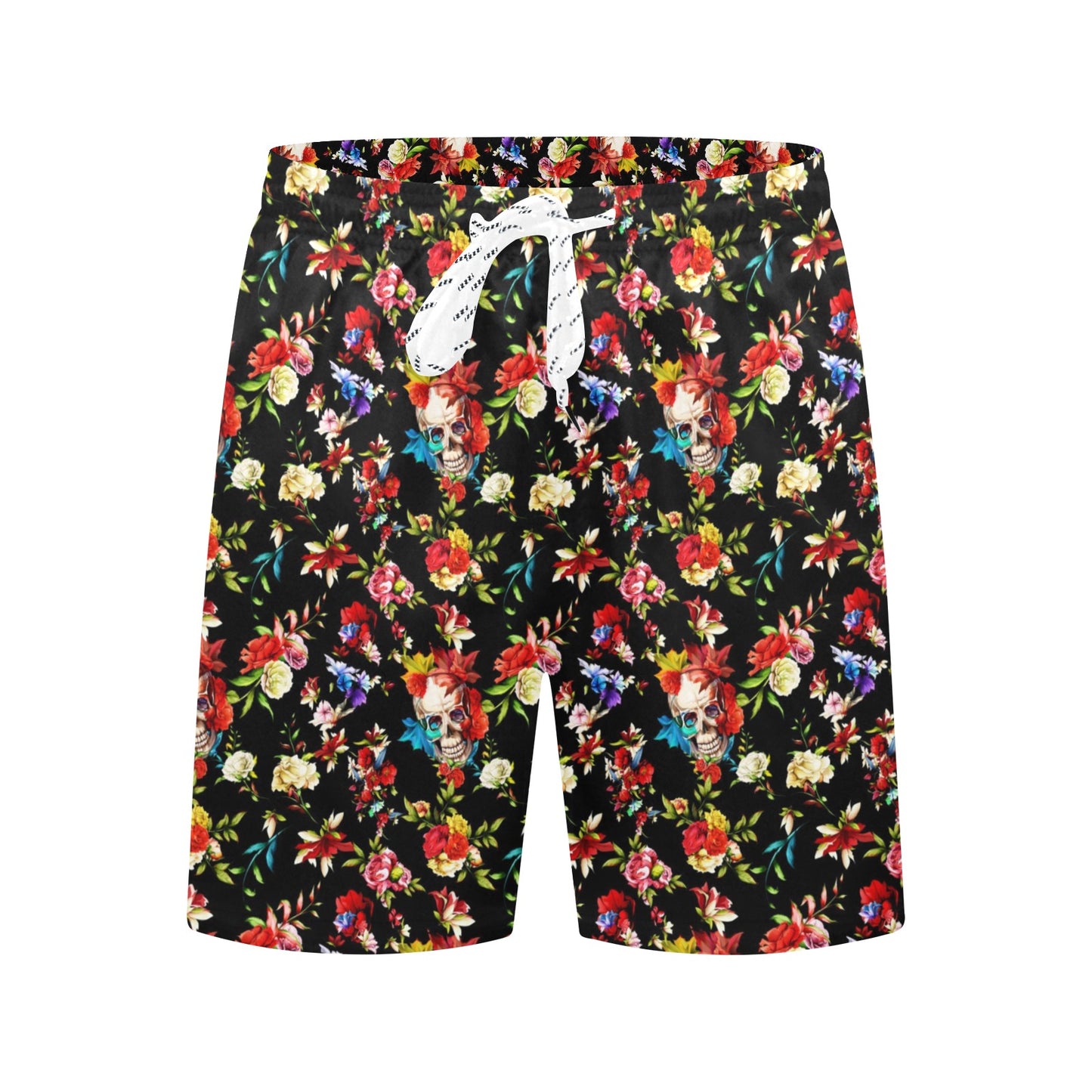 Skull Roses Flower Design Themed Print Men's Swim Trunks Beach Shorts
